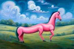 strange Big pink plastic horse.19th painting