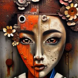 an abstract painting oil in canvas of rusted metal and flowers, Geisha portrait, rust, scaffolding, iron cladding, decay, mixed media, textured, anatomically correct, beautiful perfect face, sharp focus, highly detailed, masterpiece, realistic, intricate detail, sci-fi fantasy style, volumetric lighting, particles, highly detailed ,cinamatic , deep colours, 8k, by Gustav klimt , signed YAK