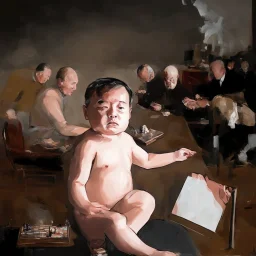 Putin, President Xi Of China And Joe Biden Play Chess With Atomic Bomb Mushroom Cloud,Complex Surgical Instruments Intermixed With A Newborn Boy,Minimalism,Painting By Adrian Ghenie,Rene Magritte,Pablo Picasso,Michelangelo,Salvador Dali,Lucian Freud