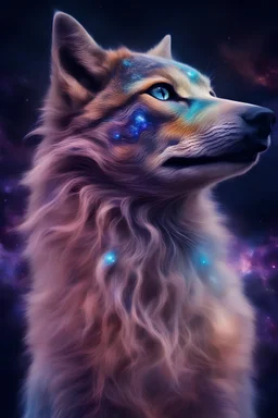 color photo of a galaxy wolf cat duck fused creature, a mesmerizing blend of celestial and earthly elements, with ethereal fur adorned with cosmic patterns and vibrant hues. Its eyes shimmer with the mysteries of the universe, reflecting the vastness of space. The environment is a surreal dreamscape, with swirling galaxies, nebulae, and stars as the backdrop, creating a surreal and otherworldly atmosphere. The mood of the scene is awe-inspiring, evoking a sense of wonder and enchantment. The cam