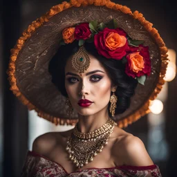 estudio profesional, woman catrina, Exquisite detail, 30-megapixel, 4k, 85-mm-lens, sharp-focus, f:8, ISO 100, shutter-speed 1:125, diffuse-back-lighting, award-winning photograph, High-sharpness, natural lighting, dramatic lighting, photoshopped, (masterpiece)), ((best quality)), (ultra-detailed), illustration, beautiful art, artistic, realistic, ((unity 8k wallpaper)), beautiful, ((ultra high resolution)), good composition, good art, scenery, cinematic, fantastic background,