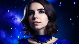 Portrait of pretty lady wearing a violet collar on space background