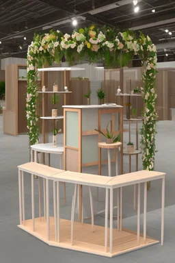 Corner exhibition stand in light colors with wood elements and floristry with two meeting areas