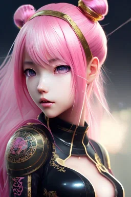 Detailed cute anime Kunoichi girl, pink hair buns, pink bangs, black latex bodysuit, intricate details, full body portrait, keep head in frame, slight smile, black Japanese motif, concept art, highly detailed, digital painting, concept art, sharp focus, illustration, art by Yoji Shinkawa, WLOP and greg rutkowski and alphonse mucha and artgerm and yanjun Chen and Junji ito and Makoto Shinkai, HDR, octane render