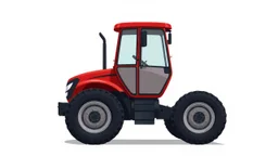 side of a modern closed cab tractor(red) with black wheels, digital illustration