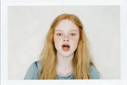 Polaroid, sadie sink,,cheveux long blonds, yeux marron, petit nez, visage poupin, , fond blanc, grunge, regard rock, elle parle