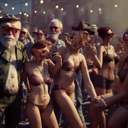 Realistic photo, American shot view, old man monkey, cabaret scene, steampunk. Women, Drunken, Sunglasses, smoking, happy, hot. Many people background, highly detailed, concept art, unreal engine 5, god rays, ray tracing, RTX, lumen lighting, ultra detail, volumetric lighting, 3d, finely drawn, high definition, high resolution.