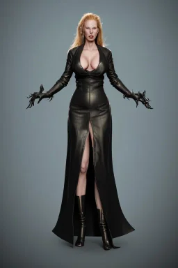 Kim Basinger in black leather gown, evil, villain, busty, cleavage, curvy, angry, happy, stern look. character design by cory loftis, fenghua zhong, ryohei hase, ismail inceoglu and ruan jia. unreal engine 5, artistic lighting, highly detailed, photorealistic, fantasy