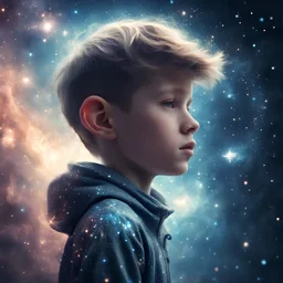 a boy made of ethereal stardust, view from side, outer space setting