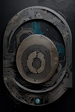 drawing art, fingerprint made of circuits, metal lines and binaryc numbers . in background the black walls with abstract and geometric shapes symbols, circle, square , an unique dark futuristic style. The atmosphere surrealism and minimalism. splash art, The black drawing art