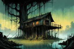 A monstrous , ramshackle witches shack, set on stilts, exuding a malevolent light, in a dark cypress swamp overhung with Spanish moss , in the comic book style of , Alex Pardee, Bill Sienkiewicz , and Jean Giraud Moebius, muted natural color, sharp focus, ethereal , dark and foreboding