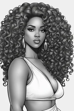 Create a coloring page of a beautiful curvy black female looking to the side with curly hair. No shading, No color, clean lines