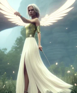 subtle queen, atmospheric, realistic, unreal engine, cinematic lighting, octane render, transparent long dress, blonde, full body, bright wings, smile, long hair