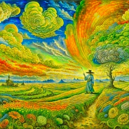 collaboration between Salvador Dali, Vincent Van Gogh, and Jean Baptiste Monge. Swirling rainbow storm clouds over a vast field of long grass and plentiful flowers swaying in the winds.