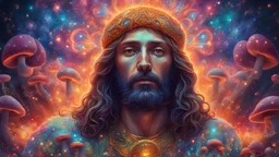 psychedelic JESUS, MUSHROOM, picture of a BEAUTIFUL,, , cinematic, highly detailed, 4k, deep colors, gold, fire,, metal,, ethereal, utopia , ARTIFICIAL INTELLIGENCE,,