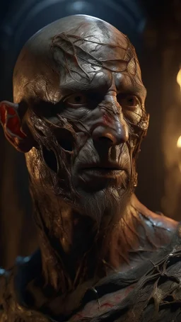Busch painting style nightmare, a zoomed view man his head is a broken metallic skin texture in a 3d rendering full-height image of a grim and dark scene. Ensure the final images exhibit the utmost quality, with the play of a torch-lit dungeon encompassing 4K, 8K, and 64K resolutions, with 3D rendering that manifests in photorealistic, hyperrealistic, and highly detailed representations. Employ techniques such as HDR, UHD,