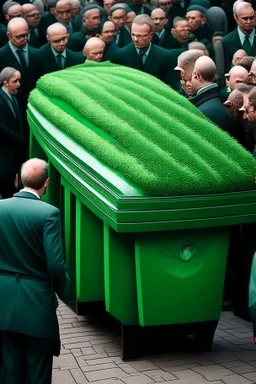 A funeral where a lot of people carry green coffins with high-quality detail and precision .