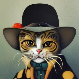 oil painting of a beautiful symmetrical cat with a summer hat, XIX century, classic japanese, by El Bosco