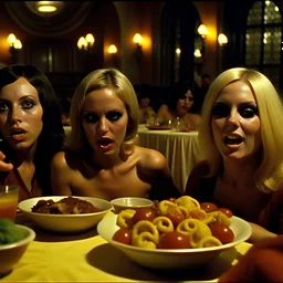 Horror movie shot, hot, ultra realistic, dine, horns, ultra chaos, realistic hot blonde women come, party, super show brast, pieces of meat, tongue, organs, hot dynamic, very excited people, hypermaximalist figures, light, 1970's Italian horror movie, sinister,, Dario Argento, Stanley Kubrik, ornate, 4k, photorealism