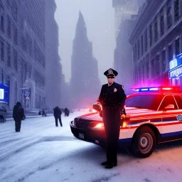 large muscular police officer standing, beside a police car at night, downtown snowy new york at night, dramatic, dramatic lighting, volumetric lighting, hyperrealism, 8k, high quality, photorealistic, lot of details