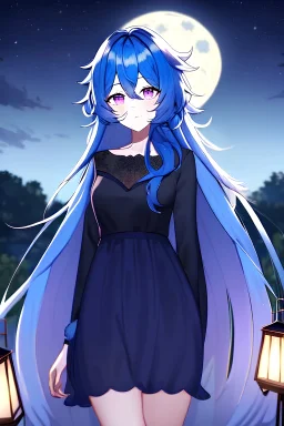 girl, masterpiece, best quality, cinematic lighting, detailed outfit, vibrant colors, perfect eyes, blue hair, absurdly long hair, purple eyes, messy hair, hair between eyes, outdoors, moon, night sky, starry sky,