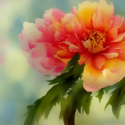 watercolor of a peony, warm colors, water color streaks and splashes, in the style of turner, white space