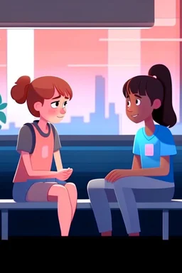 2D animasyongece oturmuş birbirleri ile sohbet eden 2 kız