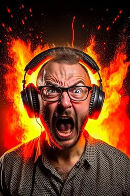 Portrait of a man with a radio helmet on his head. Wearing glasses. A small beard pepper and salt. He is bald. White race. He is a metal fan and screams. Flames surround him.