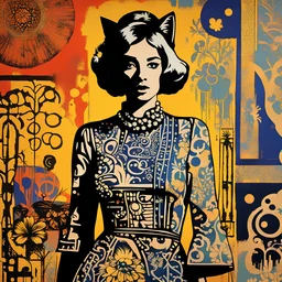 layered stencil layered rubberstamp Chiaroscuro art brut 1960s by Warhol Moody woman wearing an antique dress cat vibrant details shadow and light by basquiat beatnik tiki background deco wallpaper by maxfield Parrish