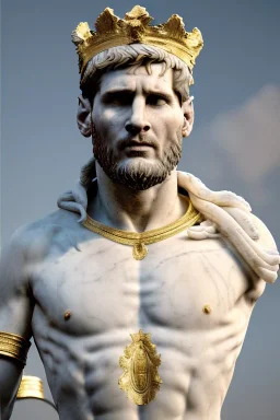 Realistic image, Roman sculpture made in white marble with gold veins, Lionel messi with gold laurel leaves crown, two blue brushes, decorative star on the chest, waist up portrait, marble material, gold ornaments, Baroque style, sun rays background, epic, celestial, cinematic lighting, God lights, 4k resolution, smooth details, soft lighting, unreal engine 5, art station, substance 3d.