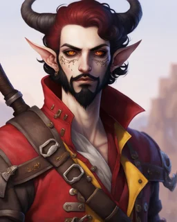 male humanoid tiefling, pirate, pale white skin, yellow eyes, black hair, black beard, tiny ears soft purple lighting, round face, short beard goatee, functional clothes, red coat