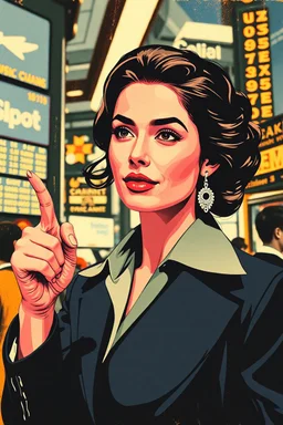 beautiful woman pointin to the stock exchange in the style of warhol abstract