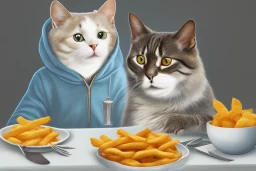 A cat with a hoodie is sitting on a table eating fish and chips