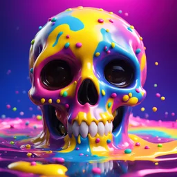 ((Yellow melting skull)), Pixar 3D animation style, glossy fluid form, huge bulging eyes, dripping blue and pink paint, CGI, animated photorealism, digital concept art, detailed vibrance, rainbow pop candy sprinkles, chocolate splash, fantastical, stylised, whimsical and imaginative, soundwaves, depth of field, playful composition, cinematic, soft shadows, smooth texture, ground reflections, photon mapping, 3d neon graffiti aesthetic, pop surrealism, cgsociety, Houdini FX, Mantra render, 8k