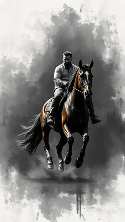 A man on horse in a Hyper Realistic Aerial Grungy Dark-Grey Brush strokes on a dark rustic background with charcoals