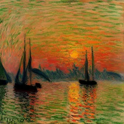 people partying on a boat, painted by Monet, during sunset, with golden frame