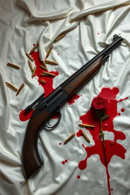 luger lying on a white silk sheet with bullets and a rose in a pool of blood