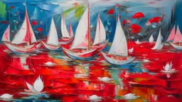 A stunningly vibrant and ethereal scene, reminiscent of Claude Monet's iconic "Water Lilies" series, yet imbued with a whimsical twist of modern imagination. At the heart of the painting, an array of boats with distinctive white hulls and scarlet sails float gracefully on a serene body of water. The color pigments of the surrounding environment have come to life in a mesmerizing dance, creating soft, stippled gradients that ripple through the air like a visual symphony of nature. The boats appea