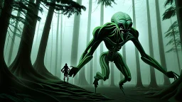 giant humanoid alien emerging from the forest into the plain