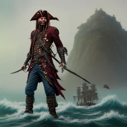 a pirate warrior in maroon and black full battle armor, a highly detailed illustration, background of giant crashing ocean waves, realistic render, 8 k, micro detail, intricate, elegant, centered, digital painting, Artstation, smooth, sharp focus, illustration, artgerm, tomasz alen kopera, peter mohrbacher, donato giancola, joseph christian leyendecker, wlop, boris vallejo