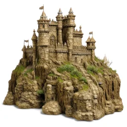 A brown fortress with rocky hammers designed in Maori sculptures painted by Claude Monet