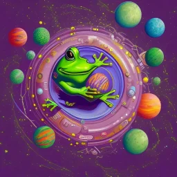 a frog in space with several orbs