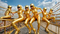 Hyperrealistisch Rollergirls völlig verhüllt von golden glänzendem Ganzkörper-Zentai mit geschlossenem Visier in identischen goldfarbenen, geschlossenen Helmen fahren auf Rollschuhbahn in Formation parallel nebeneinander mit Rollschuhen eine gebogene Kurve entlang