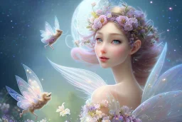 one very little beautiful fairy above one big crystal subtle flower in a galactic ambiance, transparent petals, delicate colors, in the foreground, full of details, smooth, bright sunshine，soft light atmosphere, light effect，vaporwave colorful, concept art, smooth, extremely sharp detail, finely tuned detail, ultra high definition, 8 k, unreal engine 5, ultra sharp focus