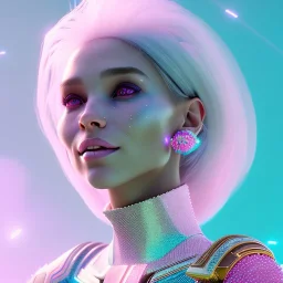 A portrait of a crystalised girl,smiling, laughting longs normal hairs white , atmospheric, realistic,, cinematic lighting, octane render,, pink turquoise light, white skin, pink atmosphere