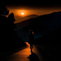 dark night, silhouette of a woman in a sleeveless top, mountains and forests next to the road, a beautiful orange sunrise in the distance, photo quality