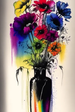 Pen, ink and oil transfer print of flowers in a vase in rainbow colours
