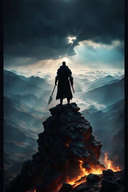 The Shadow of Death standing on a mountain top, using the staff of destruction to destroy the world. fantasy art, Cinematic lighting, Volumetric lighting, Epic composition, octane render