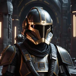 star wars bald male corellian pilot wearing pearlescent black and gunmetal grey First Order special forces heavy assault stealth commando armor and helmet with gold trim inside the jedi temple, hyperdetailed, dynamic lighting, hyperdetailed background, 8k resolution, volumetric lighting, light skin, fully symmetric details