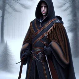 Male, Dark hair, Digital Art, Bow in hand, Hooded Cloak, Dark Forrest background